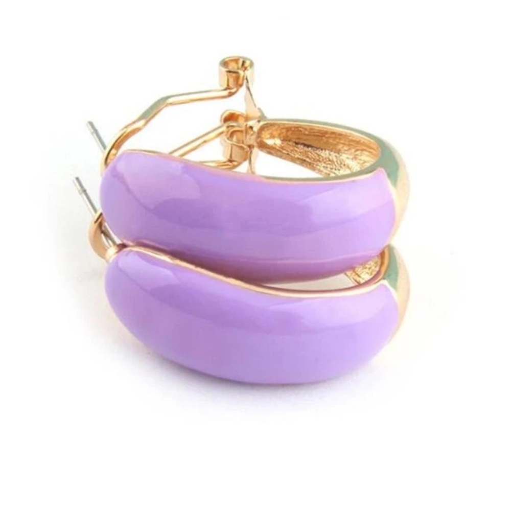 Purple & gold colored small hoop dangle earrings
